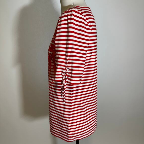 Chicos Red White Striped Leaf Print Cotton Tie Sleeve Blouse Womens Size Small S - Picture 4 of 10